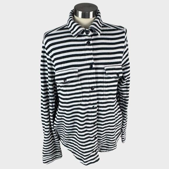 Duffield Lane Womens Small Button Front Jacket Black White Stripe Shirt - Picture 1 of 4